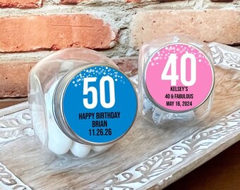 Printed Personalized Mini Candy Jar with Birthday Age Confetti Labels, Empty Mini Glass Bottle Jar Birthday Party Favors (Set of 12)