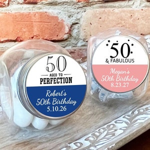 Printed Personalized Mini Candy Jar with Fifty 50th Birthday Labels, Empty Mini Glass Bottle Jar Birthday Party Favors CL113 (Set of 12)
