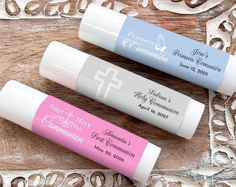 Printed Personalized Mini Lip Balm with First Holy Communion Labels, Vanilla Filled Lip Balm First Communion Party Favors (Set of 12)