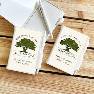 Printed Personalized Notebook with Our Roots Run Deep Labels, Family Reunion Notebook Party Favors (Set of 12)