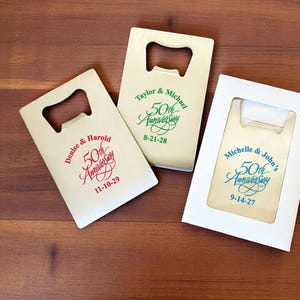 Printed Personalized 50th Anniversary Metal Credit Card Bottle Opener Favors, 50th Anniversary Party Favors CL41 (Set of 24)