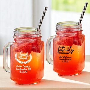 Printed Personalized Family Reunion Mason Drinking Jar Glass Party Favors, Family Relatives Cousins Party Favors CL112 (Set of 18)
