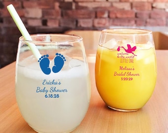 Printed Personalized Baby Shower Stemless Wine Glass Favors, Baby Shower Glass Party Favors CL108 (Set of 24)