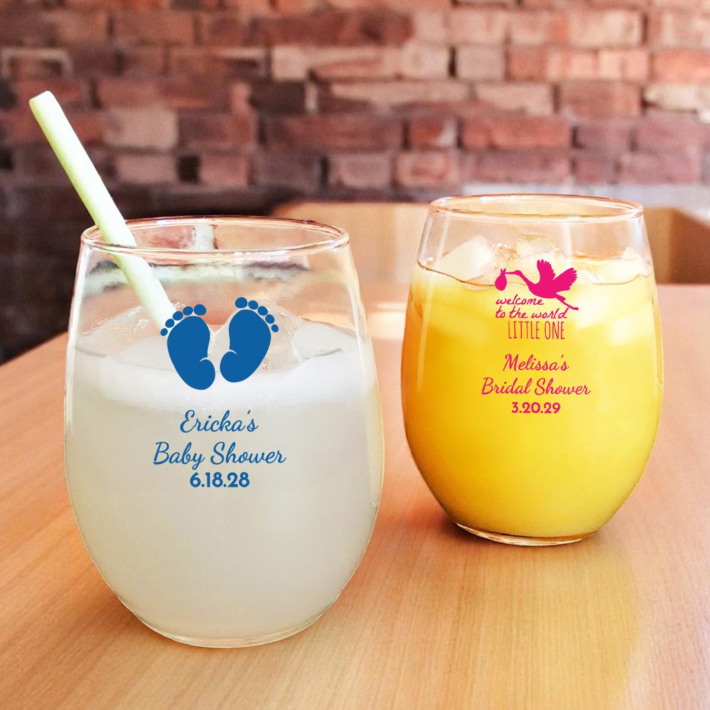 Printed Personalized Baby Shower Stemless Wine Glass Favors, Baby Shower Glass Party Favors CL108 (Set of 24)