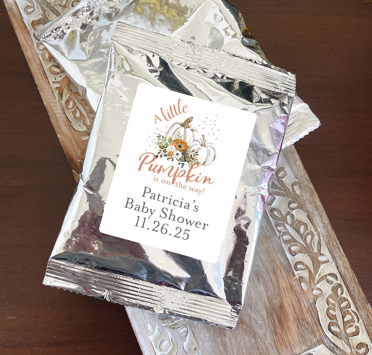 Printed Personalized Coffee Filled with A Little Pumpkin Is On The Way Labels Coffee Favors Baby Shower Baby Favors, (Set of 12)