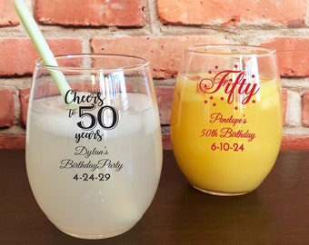 Printed Personalized Fiftieth Stemless Wine Glasses 50th Birthday Party Favors - Fiftieth Birthday Party Favors (Set of 24)