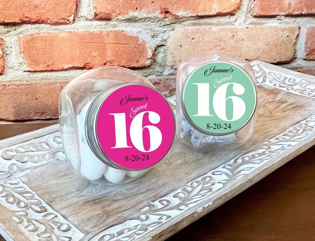 Printed Personalized Mini Candy Jar With Sweet 16 Labels, Empty Mini