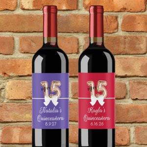 LABELS Only Personalized Wine Bottle Labels Mis 15 Gold Balloon Quince Anos, Mis Quinceanera Quince Wine Champagne Labels CL117 (Set of 12)