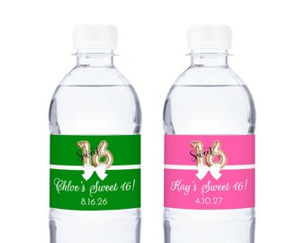 LABELS Only, Printed Personalized Water Bottle Sweet 16 Gold Balloon Labels, Sweet 16 Water Bottle Stickers Labels, CL116 (Set of 12)