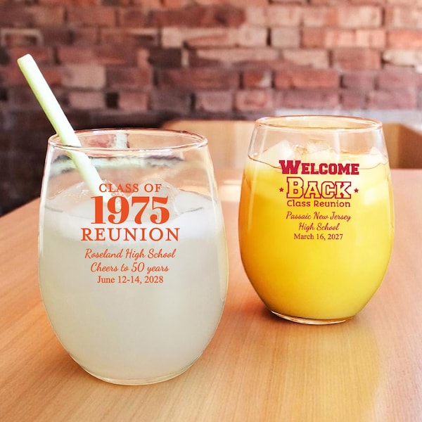 Class Reunion Printed Personalized Stemless Wine Glass Favors, Class Reunion Glass Party Favors CL111 (Set of 24)