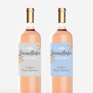 Printed Personalized Wine Bottle Labels A Little Snowflake Is On The Way Design Baby Shower Winter Favors, Wine Bottle Stickers (Set of 12)
