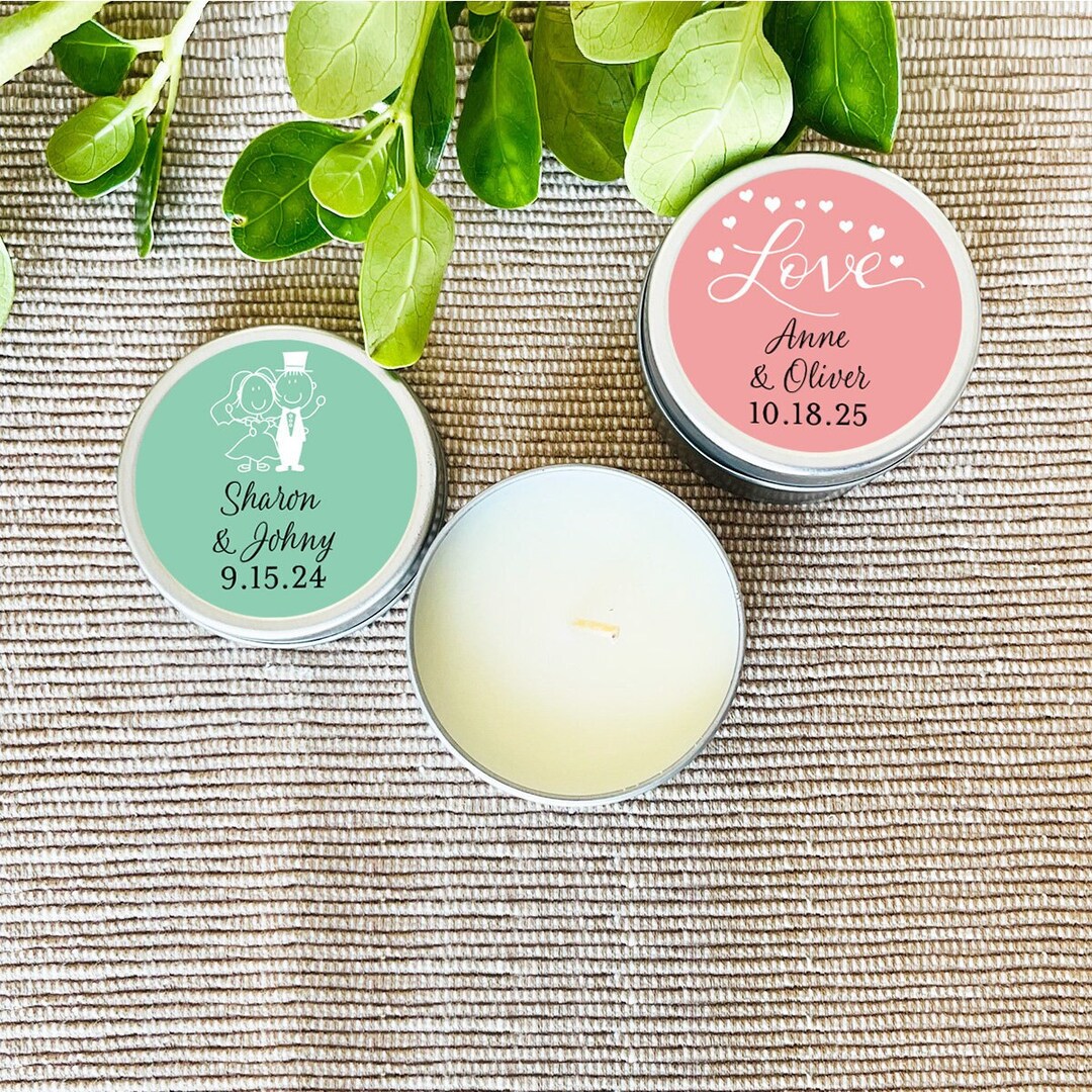 Printed Personalized Travel Candle Tins With Wedding Labels, Travel ...