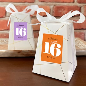 Printed Personalized Triangle Pedestal Shaped Box with Sweet 16 labels, Sweet Sixteen Party Favor Boxes CL188-M (Set of 12)