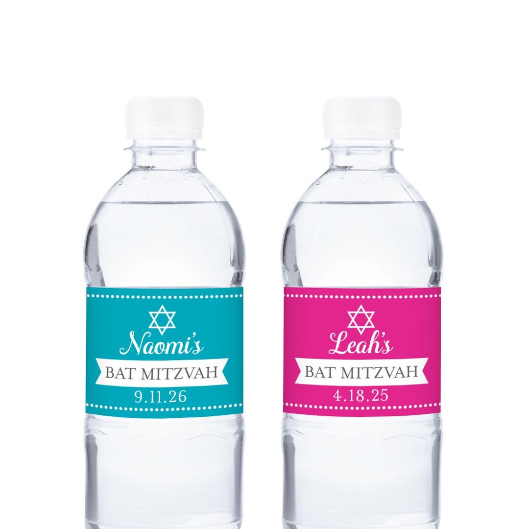 Bat Mitzvah Favors Personalized Water Bottle With Star of David Bat Mitzvah Labels, Water Bottle