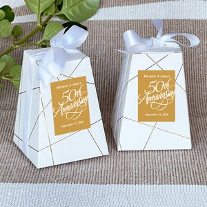 Printed Personalized Triangle Pedestal Shaped Box with 50th Anniversary Labels, 50th Anniversary Wedding Party Favor Boxes (Set of 12)