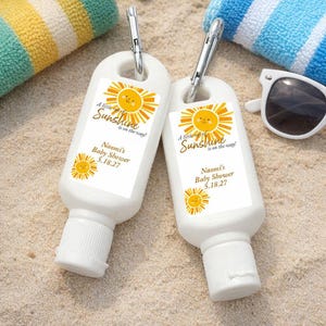 Printed Personalized Sunscreen SPF30 with A Little Ray Of Sunshine Is On The Way Labels and Carabiner Baby Shower Favors CL95 (Set of 12)