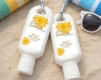 Printed Personalized Sunscreen SPF30 with A Little Ray Of Sunshine Is On The Way Labels and Carabiner Baby Shower Favors CL95 (Set of 12)