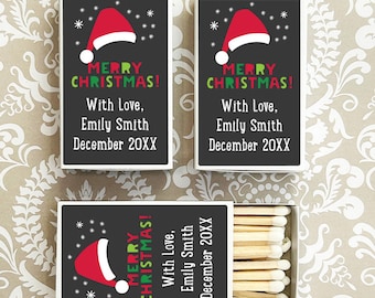 Holiday Bulk Matches, Merry Christmas Santa Hat Personalized Matchboxes, Matches Holiday Party Favors CL20 (Set of 50)