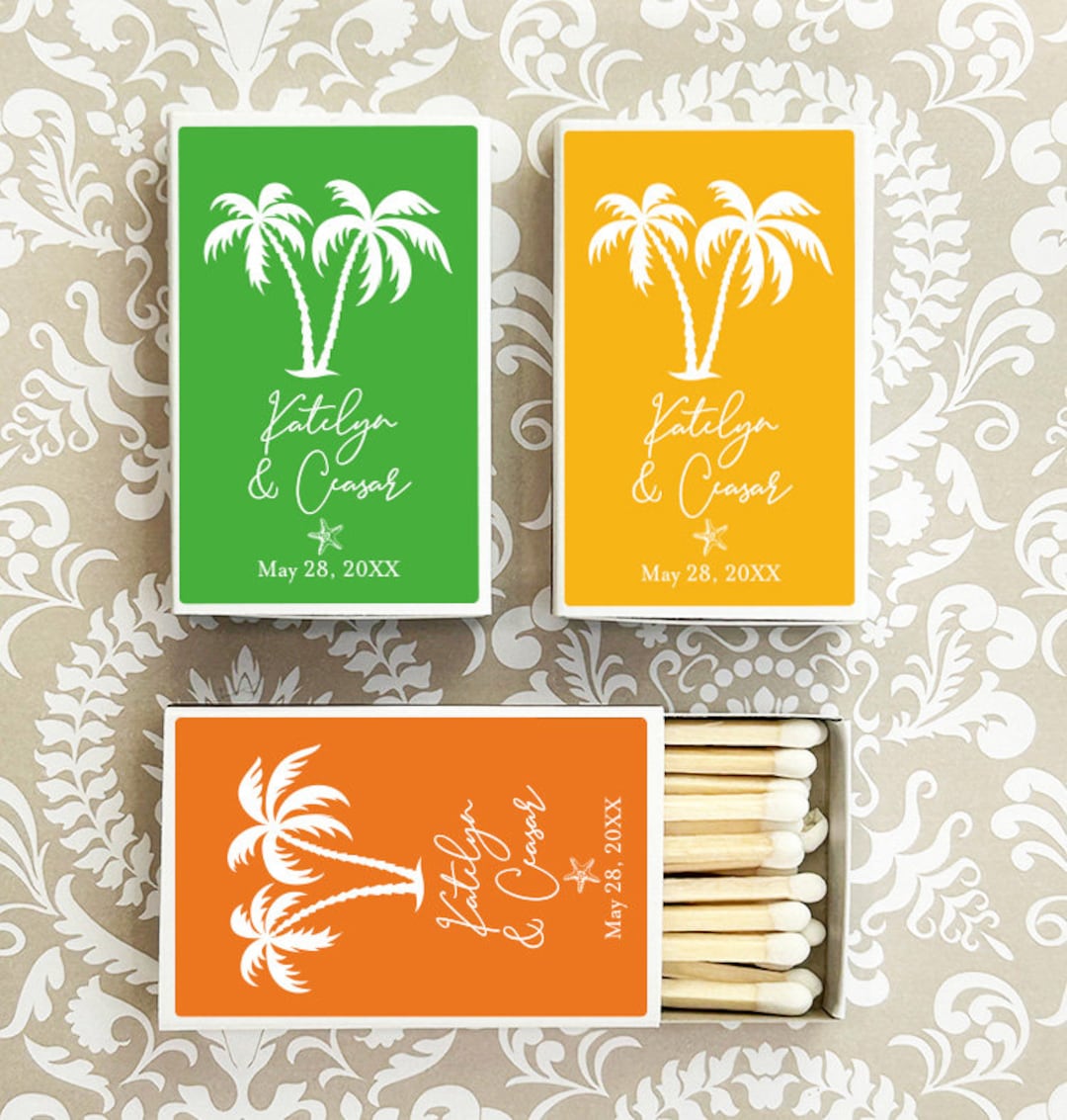 Wedding Bulk Matches, Palm Tree Personalized Matchboxes Matches, Palm