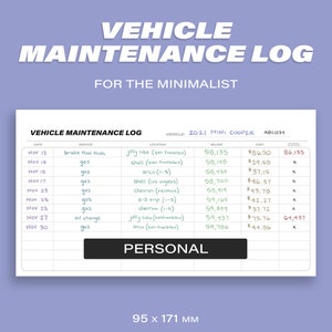 May include: A vehicle maintenance log template with a minimalist design. The log includes columns for date, service, location, mileage, cost, and notes. The template is designed for a 2021 Mini Cooper and includes a section for personal notes.