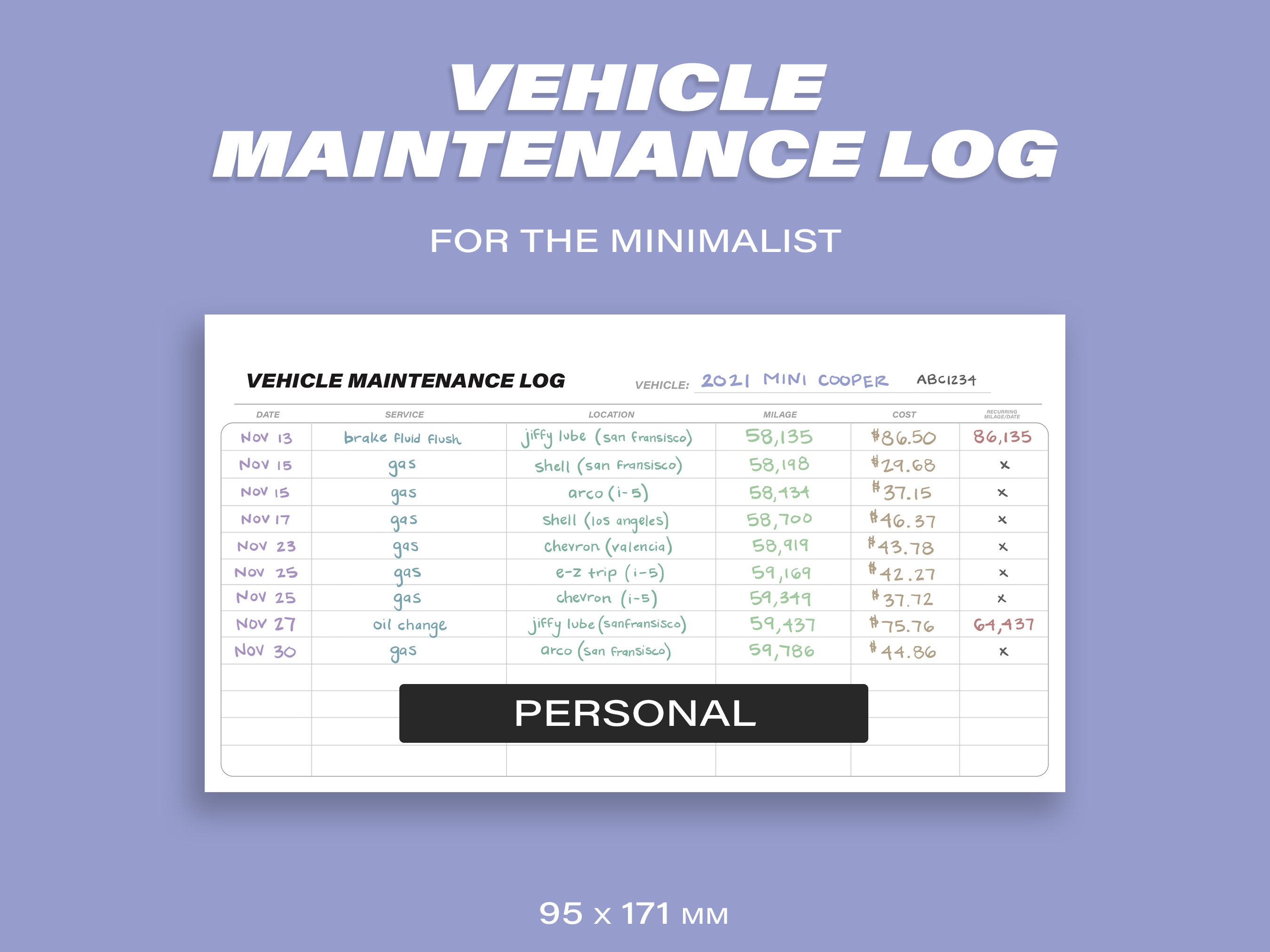 Personal Vehicle Maintenance Log for the Minimalist • Printable PDF ...