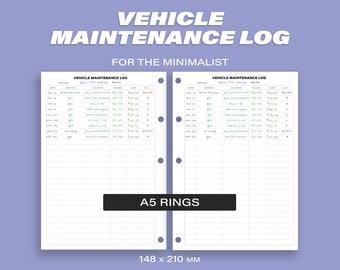 A5 Rings Vehicle Maintenance Log for the Minimalist • Printable PDF Inserts • Planner • Instant Download • Minimal Car Log