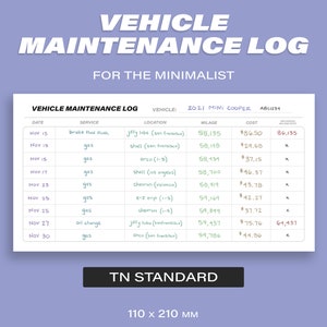 May include: A printable vehicle maintenance log template with a minimalist design. The log includes columns for date, service, location, mileage, cost, and recurring maintenance. The template is designed for a 2021 Mini Cooper.