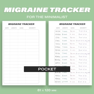 May include: A printable migraine tracker with a minimalist design. The tracker includes columns for date, length, aura, and severity. The tracker is designed to be printed on 8.5 x 11 inch paper and is perfect for those who want to track their migraines in a simple and easy-to-use format.