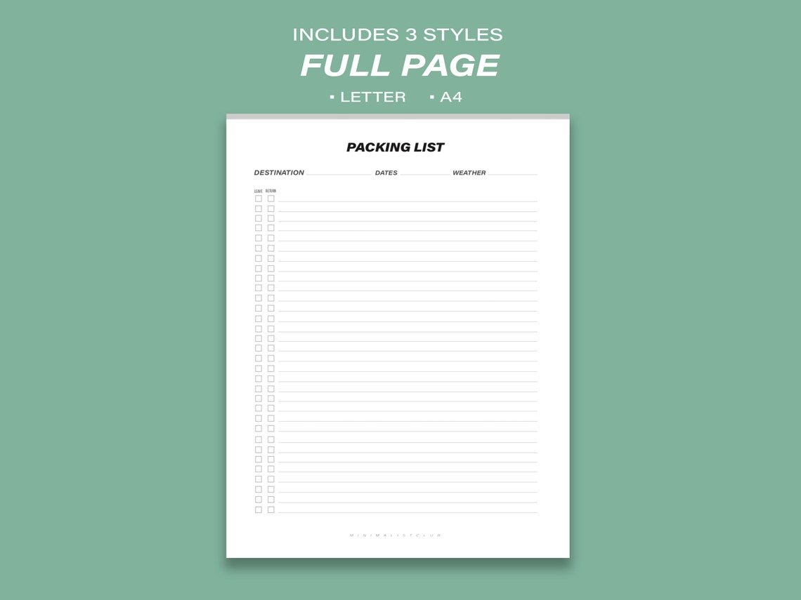Packing Lists for the Minimalist Printable PDF Travel Planner ...