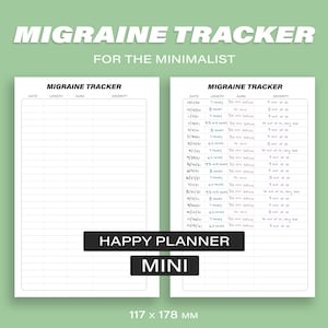 Puede incluir: Un planificador de seguimiento de migrañas minimalista con un diseño de cuadrícula para registrar fechas, duraciones, auras y niveles de gravedad. El texto "MIGRAINE TRACKER" y "FOR THE MINIMALIST" están en la parte superior. El planificador mide 117 x 178 mm.