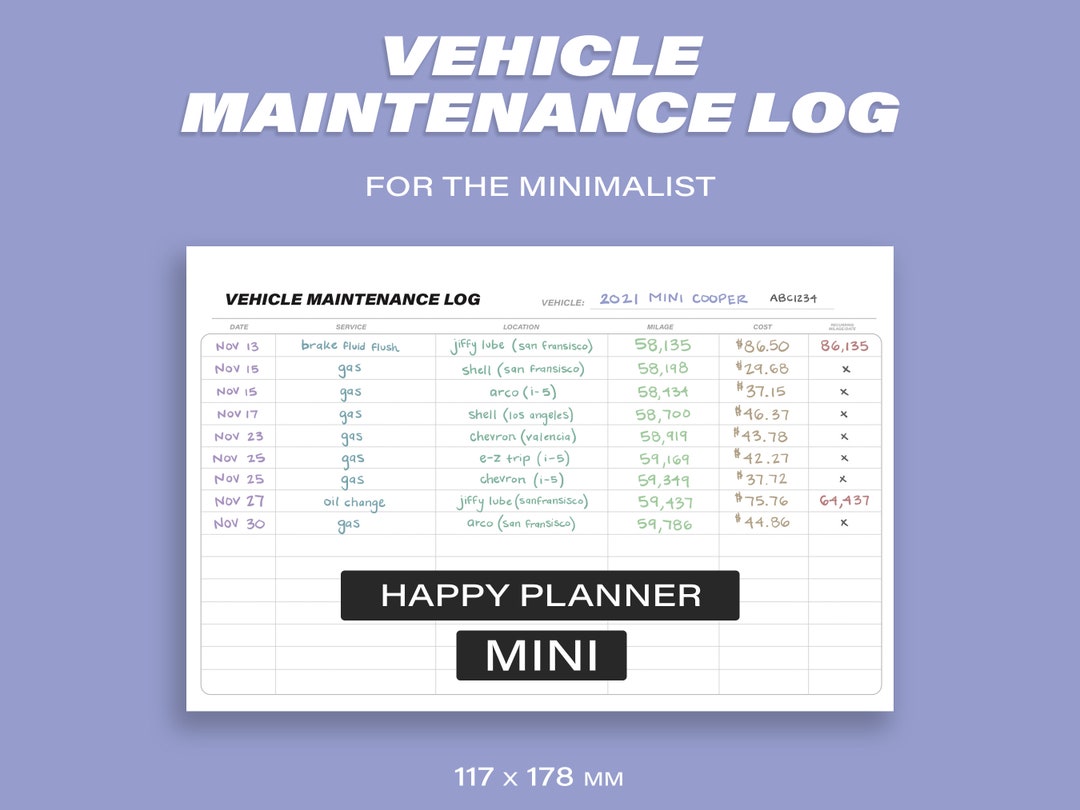 Happy Planner Mini Vehicle Maintenance Log for the Minimalist ...