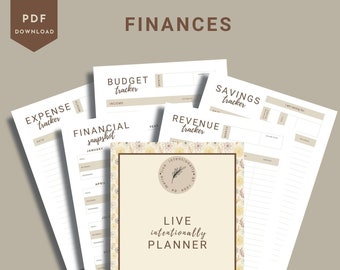 May include: A printable financial planner with five pages, including a budget tracker, expense tracker, savings tracker, revenue tracker, and a financial snapshot. The planner has a floral design and the text "Live Intentionally Planner" in a circle.