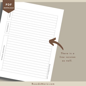 May include: Printable worksheet with three columns labelled "Botanical Description", "Sustainability", and "Harvest". Each column has lined spaces for writing.