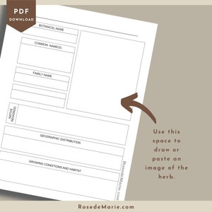 May include: Printable herb journal page with sections for botanical name, common name, family name, native region, geographic distribution, growing conditions and habitat. There is a large space to draw or paste an image of the herb.