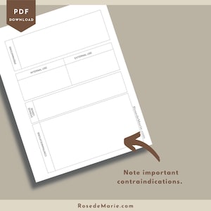 May include: Printable worksheet for recording information about herbal remedies. The worksheet includes sections for preparations, contraindications, dosage, and usage. The worksheet is divided into two columns, one for internal use and one for external use.