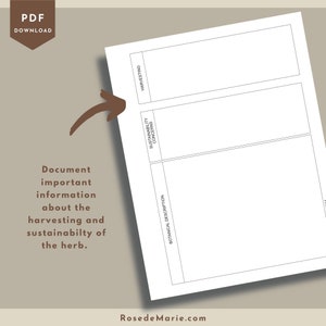 May include: A printable worksheet for documenting the botanical description, harvesting methods, and sustainability concerns of a herb.