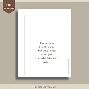 May include: A printable PDF download with a white background and brown text that reads "There is a blank page for anything else you would like to add." The text is centred on the page and the bottom of the page has the website address "RosedeMarie.com" in brown text.