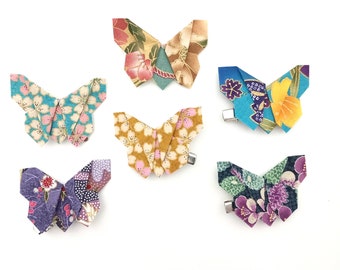 Barrettes avec un papillon en origami, papillon en tissu, tissu japonais   -