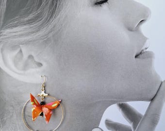 Earrings with a pretty origami butterfly, fabric earrings, Japanese fabric earrings