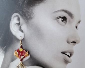 Unique lotus flower earrings, origami earrings with Japanese fabric