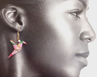 Earrings with a pretty origami hummingbird, fabric earrings, origami jewelry.