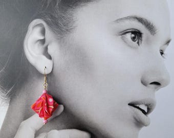 Earrings with a pretty origami diamond, fabric earrings, origami jewelry.