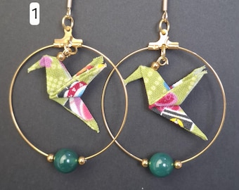 Creole earrings with a pretty origami hummingbird, fabric earrings, origami jewelry.