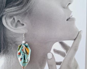 Fabric earrings with a pretty origami leaf, fabric earrings, origami jewelry