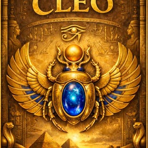 Op de afbeelding: Een gouden illustratie van een Egyptische orakelkaart getiteld "L'Oracle de Cléo". De kaart toont een scarabee met blauwe accenten en uitgespreide vleugels, tegen een achtergrond van piramides en hiërogliefen. De tekst "Par Ilae Créations" staat onderaan.