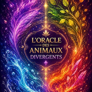 Op de afbeelding: Een levendig digitaal kunstwerk met een centraal, sierlijk frame met de tekst "L'ORACLE DES ANIMAUX DIVERGENTS". Het kunstwerk is verdeeld in vier kwadranten met kleurrijke elementen: paarse veren, blauw water, groene bladeren en oranje vlammen.
