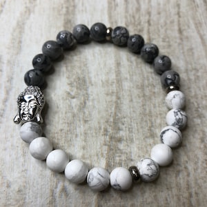 Carte Stone (8mm), Matte White Howlite (8mm), Entretoises Hématite (6mm) Bouddha en argent sterling