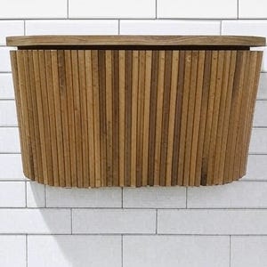 May include: A wooden wall-mounted storage cabinet with a slatted front. The cabinet has a natural wood finish and a curved top.