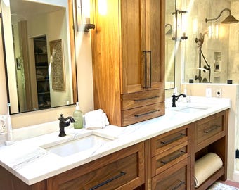 Handmade sleek Modern Walnut shaker style master vanity with center tower, modern minimalist walnut master bath vanity