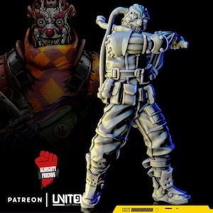 May include: A 3D-printed figurine of a futuristic clown character, clad in a detailed, light-colored outfit with pouches and mechanical elements. The clown has a menacing expression, with a robotic face and a red nose. The background features a matching clown face and the text "ALMIGHTY FRIENDS".